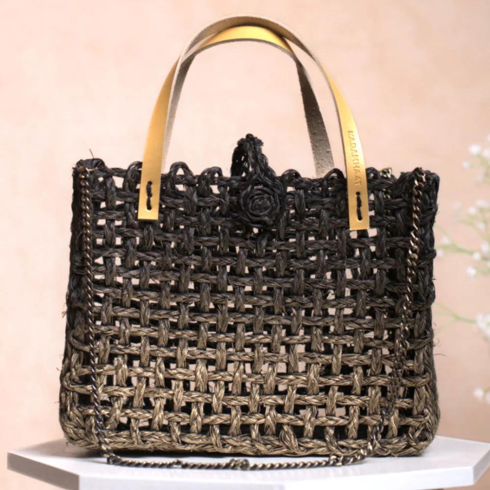 Handgefertigte Sabai Mesh Mini-Tasche, schwarz-gold