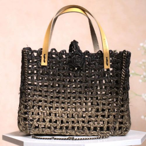Handgefertigte Sabai Mesh Mini-Tasche, schwarz-gold