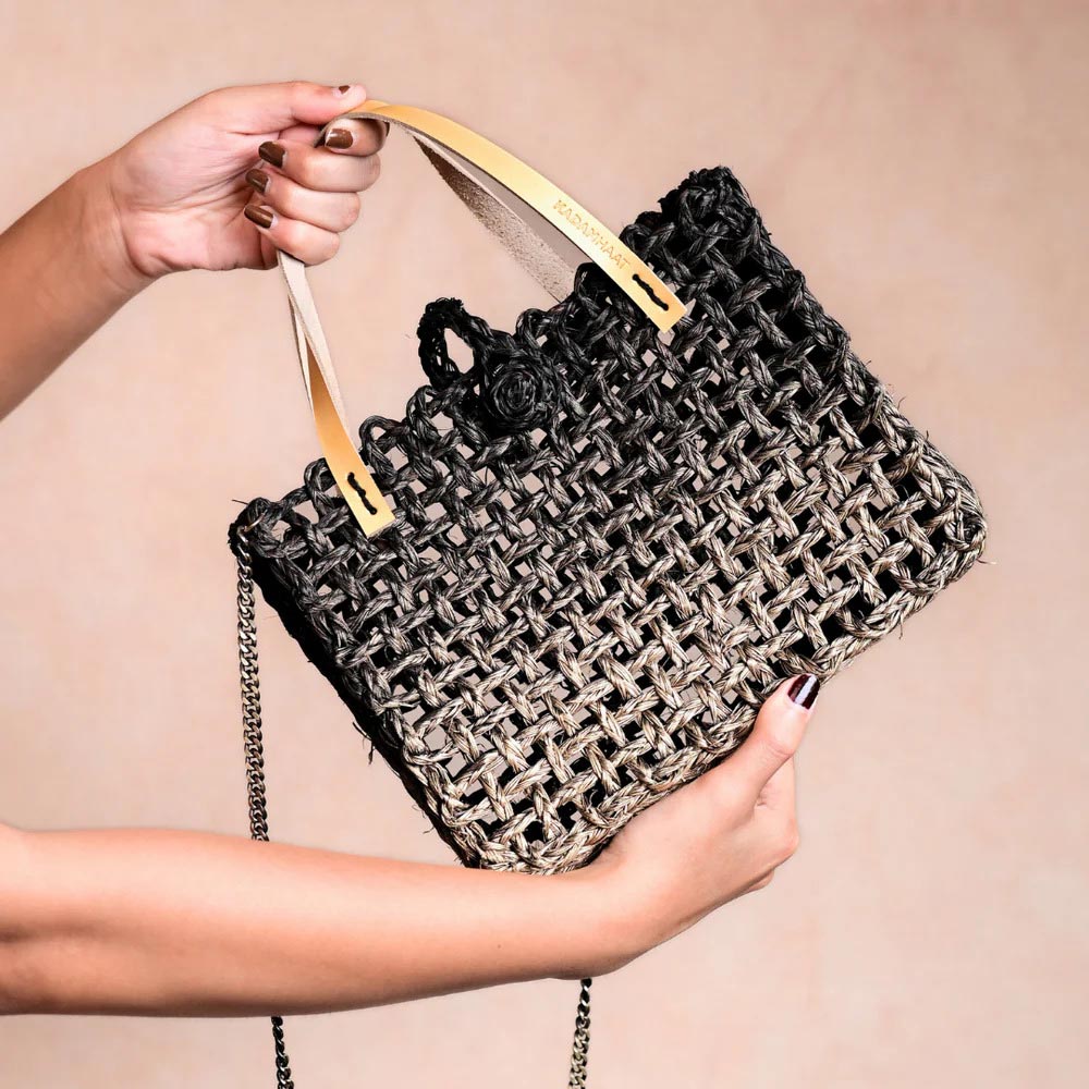 Handgefertigte Sabai Mesh Mini-Tasche, schwarz-gold