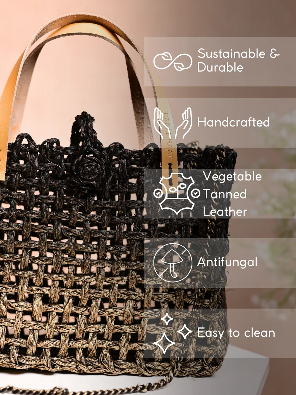 Handgefertigte Sabai Mesh Mini-Tasche, schwarz-gold